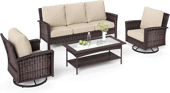 4-Piece Wicker Patio Furniture Set with Swivel Chairs, High Back Outdoor Sofa with 5.5-inch Thick Cushion, All-Weather Patio Table and Chairs Set for Deck Yard Pool, Beige