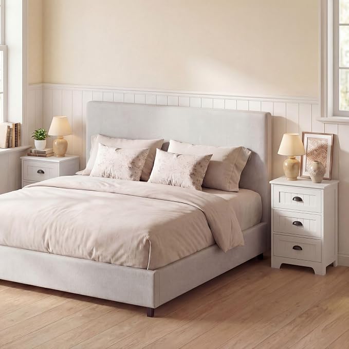 Giantex Nightstand with 3 Drawers, Set of 2 Bedside Table with Exquisite Metal Handles, Accent Table Sofa Side Table with Anti-toppling Device for Bedroom, Study, White - Image 2