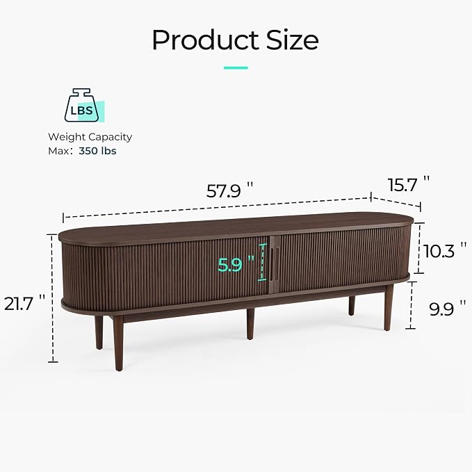 LINSY HOME 58" Fluted TV Stand for TVs up to 65 Inch, Mid Century Modern Entertainment Center with Storage Cabinet and Sliding Doors, Farmhouse Wood Media TV Console for Living Room, Bedroom, Walnut - Image 3