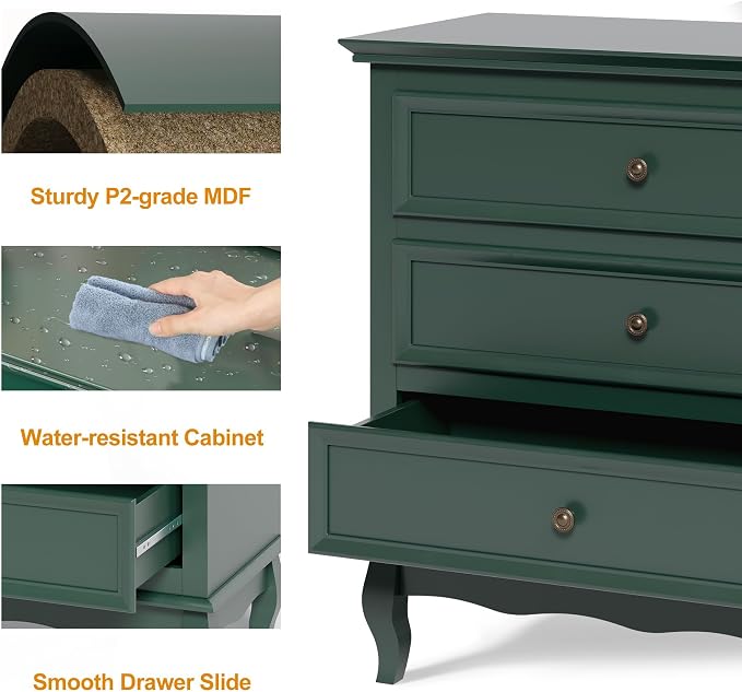 RoyalCraft Green Nightstand for Bedroom, Wide Nightstand with 3 Drawer, Modern End Table, Wood Beside Table for Home and Office, Green - Image 5