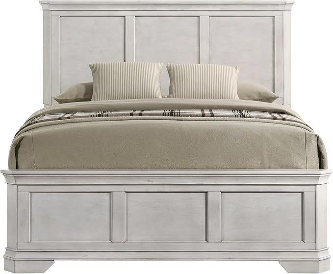 Roundhill Furniture Maderne Wood Panel Bed with Two Nightstand, Queen, Antique White Finish