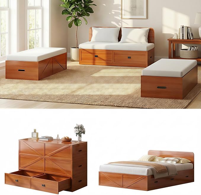 CECER Full Size Murphy Bed with Mattress Include，Murphy Bed Full with Storage Drawers，Multi-Functional Desgin that Converts to Sofa Set for Small Spaces/Guest Room/Bedroom（Maroon）