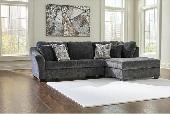 Signature Design by Ashley Biddeford Contemporary Right-Arm Facing Convertible 2-Piece Sleeper Sectional with Chaise, Bi-Fold Memory Foam Mattress and 4 Accent Pillows, Full, Gray