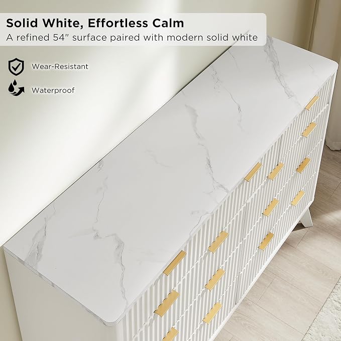 T4TREAM Fluted 9 Drawer Dresser, Modern Chest of Drawers with Faux Marble Top, Curved Profile Design, Dresser TV Stand, Wood Drawer Organizer for Bedroom, Living Room, Hallway, Solid White - Image 5