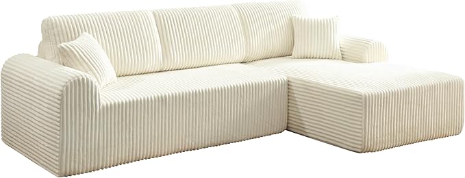 109-Inch L-Shaped Right Facing Boneless Corner Sofa 2 PCS Modular Sectional Cloud Sofa Couch with Chaise Lounge and Toss Pillow, Corduroy Boneless L-Shaped Couches