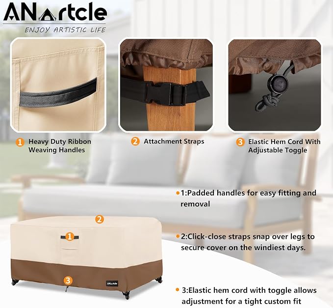 ANartcle Patio Coffee Table Cover, 600D Waterproof Heavy Duty Rectangular Outdoor Table Cover,Patio Furniture Covers,48 x 28 x 16 inch,Beige&Brown. - Image 4