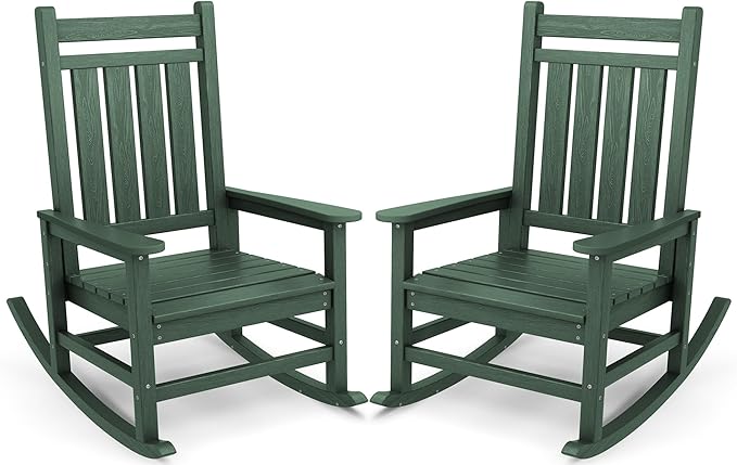 SERWALL Oversized Outdoor Rocking Chair Set of 2, HDPE Rocker for Adults, Patio Rocking Chairs for Porch, Green by SERWALL