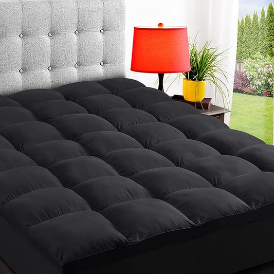 ELEMUSE Cal King Black Mattress Topper for Back Pain, Extra Thick Mattress Pad Cover, Plush Soft Pillowtop with Elastic Deep Pocket, Overfilled Down Alternative Filling