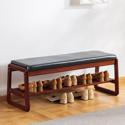 latifolia Solid Wood Bench, Entryway Shoe Bench with Cushion, 2 Tier Shoe Storage Organizer for Hallway, Living Room(Black,39.70''L) by Latifolia
