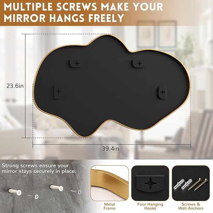 Irregular Wall Mirror, Gold Bathroom Wavy Abstract Mirror for Over Sink, Decorative Cloud-Shaped Wall Mirror, Stylish Shatter-Proof HD Mirror for Bedroom, Entryway (38"x23", M, 1 Pack) - Image 5