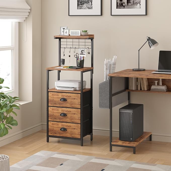 sthmec Tall Nightstands with Charging Station, LED Night Stand Bedsides with 3 Fabric Drawers,Hooks,USB Port and Open Storage Shelves,Tall End Table Bedside Tables for Bedroom,Office, Rustic Brown - Image 5