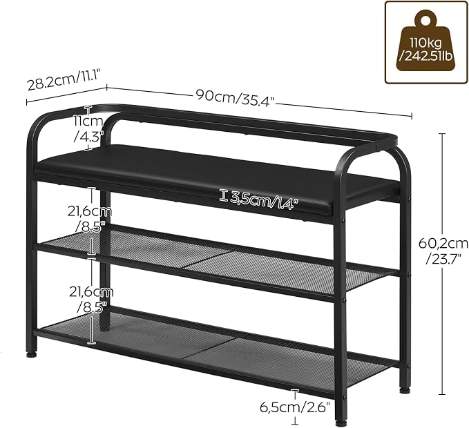 YATINEY Shoe Bench with Backrest, Entryway Bench, 2-Tier Shoe Rack with PU Padded Seat, Upholstered Shoe Storage Bench with Back, for Hallway, Entryway, Foyer, Bedroom, Black HX14BB - Image 3