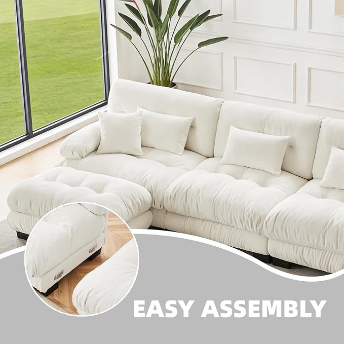133.8" L-Shaped Cloud Couch, Oversized Modular Sectional Sofa, Deep Seat Cloud Boneless Couch, 3-Seat Modular Sectional Sofa with Ottoman or Living Room,Bedroom and Apartment, White