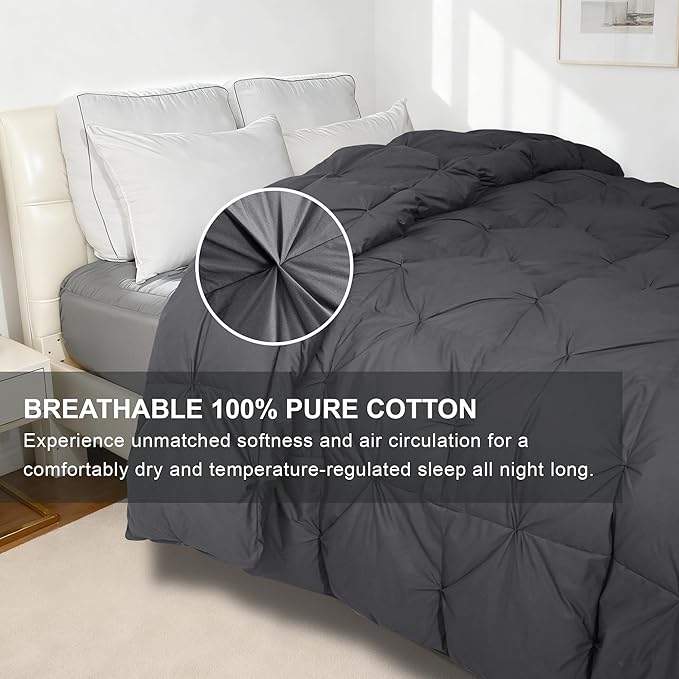Pinch Pleat Goose Feather Down Fiber Comforters Queen Size, Grey 100% Cotton Duvet Insert, Fluffy Medium Warmth Bedding Comforter with Corner Loops (Grey, 90 x 90 Inch)