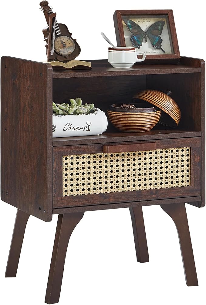 Lerliuo Rattan Nightstand, Bedside Table with Drawer Open Shelf, Cane Accent Side End Table with Solid Wood Legs, Walnut Vintage Night Stand for Bedroom, Dorm and Small Spaces by Lerliuo