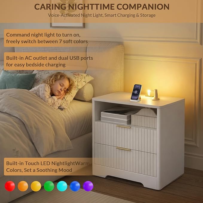 Modern Fluted Nightstands with Charging Station, Drawers, and Smart Night Light, Large Wood Nightstand with Storage Shelf, Side Tables for Bedroom, Living Room (1, White) - Image 6