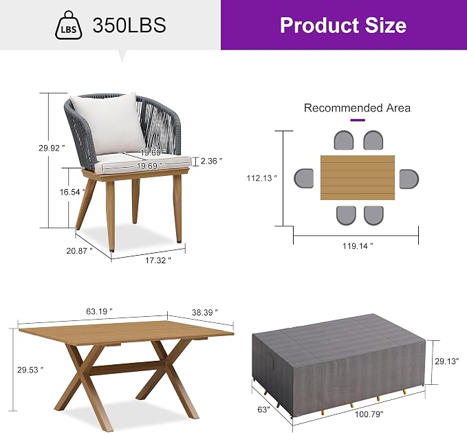 PURPLE LEAF 7 Pieces Patio Dining Set with Waterproof Furniture Cover Rectangular Table and Chairs Set for Garden Deck Aluminum Frame Backyard Kitchen Set, Cushions and Pillows Included Teak - Image 9