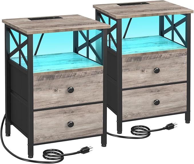 AMHANCIBLE Night Stand Set of 2 with Charging Station and LED Lights, Large 2-Drawer Bedside Tables with USB Ports and AC Outlets, Modern Nightstand for Bedroom, Grey, HET052LGY by AMHANCIBLE