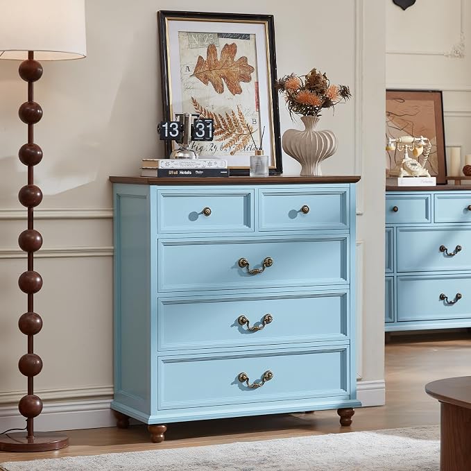 Joaxswe Farmhouse 5 Drawer Dresser for Bedroom, 35" Tall Rustic Chests of Drawers w/ 4 Solid Wood Feet, Mid Century Modern Wooden Closet Storage Dressers Organizer for Living Room, Hallway,Light Blue - Image 6