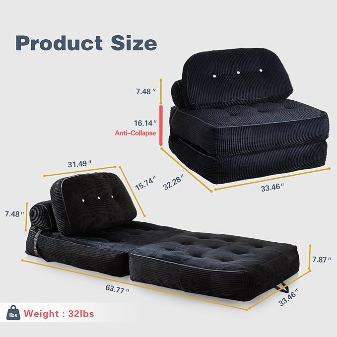 Folding Sofa Bed, Flannel Futon Couch Bed with Pillow and Blanket, Convertible Sleeper Chair for Living Room Bedroom (Two Black)