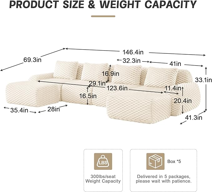146" U-Shaped Compressed Sectional Cloud Sofa, Flannel Upholstered Modular Deep Seat Sofa with 6 Pieces, Symmetrical Boneless Foam Modular Cloud Couches for Living Room