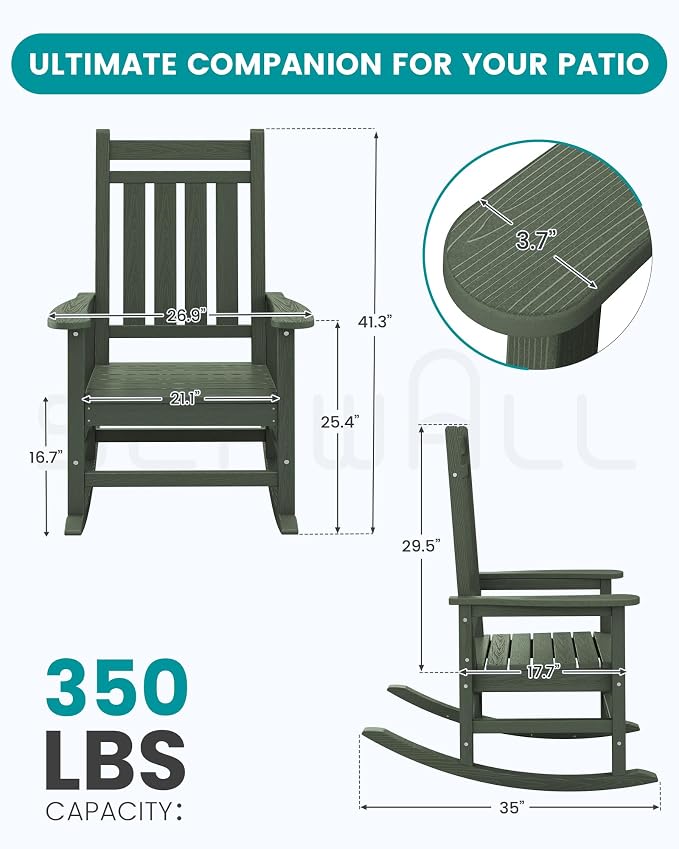 SERWALL Oversized Outdoor Rocking Chair Set of 2, HDPE Rocker for Adults, Patio Rocking Chairs for Porch, Avocado Green - Image 3