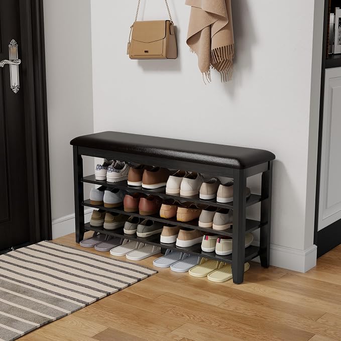 AQIMUELE Shoe Bench with Leather Cushion, 3 Tiers Shoe Storage Bench Height Adjustable, Walnut Wood Entryway Bench for Hallway, Mudroom by AQIMUELE