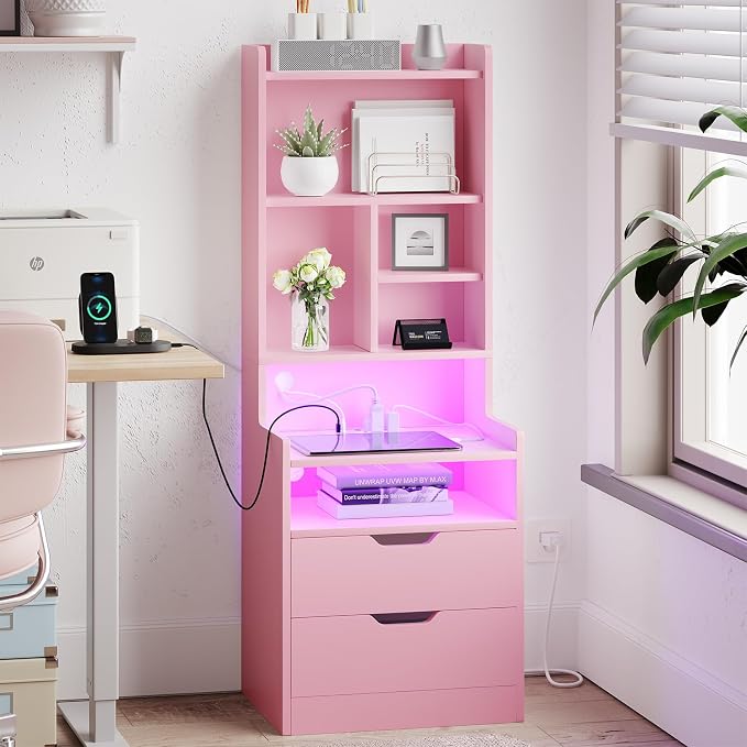 ADORNEVE Tall Night Stand with Charging Station and LED Lights,Nightstand with Bookshelf,Bedside Table with Drawers & Power Outlets,End Side Table for Bedrooms,Pink - Image 7