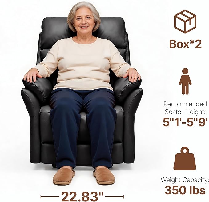 AIRSKY Genuine Leather Recliner Chair, Top Grain Leather, Italian Water-Washing Process, Reclining Sofa Chair for Reading, Single Sofas for Living Room, Theater Seating, Bedroom. Black,R1