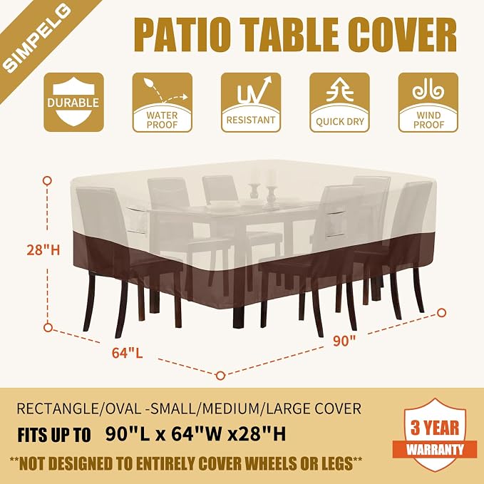 Patio Waterproof Outdoor Covers For Patio Furniture 600D Heavy Duty Oxford Uv Resistant Anti-Fading Rectangular Furniture Covers 90"L x 64"W x 28"H (Beige & Brown) - Image 2