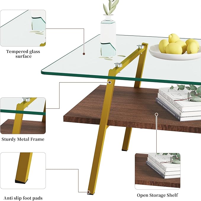 IANIYA Glass Coffee Table for Living Room Small Gold Mid Century Coffee Table for Living Room with Wood Shelves (Gold Frame, Transparent Glass + Brown Wood)