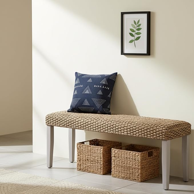 Solid Wood Acacia Indoor Bench with Natural Woven Water Hyacinth Seat, Wood Bench for Living Room or Entryway, Vintage Bench, Fishbone Style, Plait Style with Grey Leg - Image 4