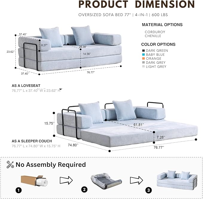 4-in-1 Folding Convertible Sofa Bed, 77" Floor Couch with Pillow - Chenille Fabric & High-Density Sponge & Fixed-Shape Frame, Modular Sofa for Living Room/Lounge/Studio, Blue