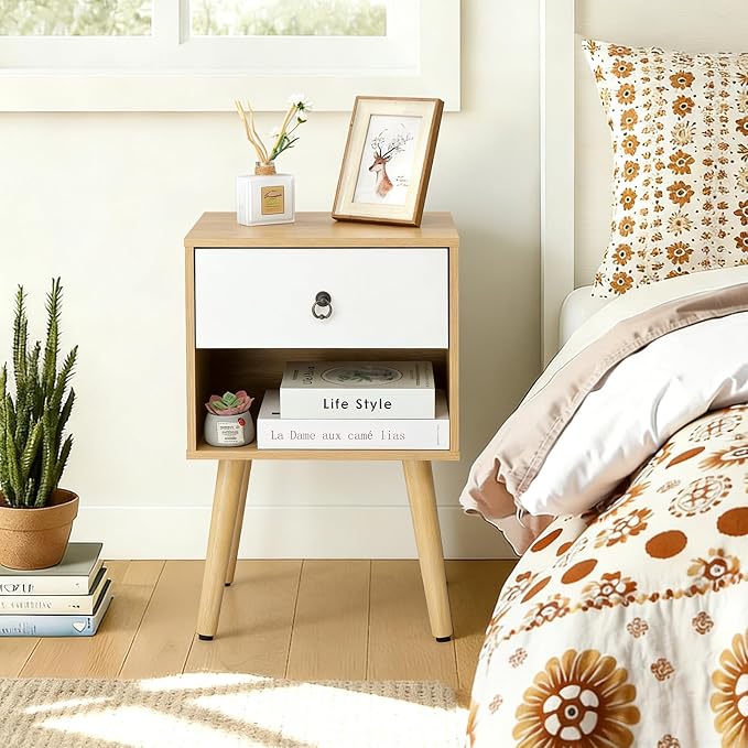 Bonnlo Nightstand Set of 2, Modern Bedside Table with Drawer Open Shelf, End Table with Solid Wood Legs for Bedroom, Oak - Image 6