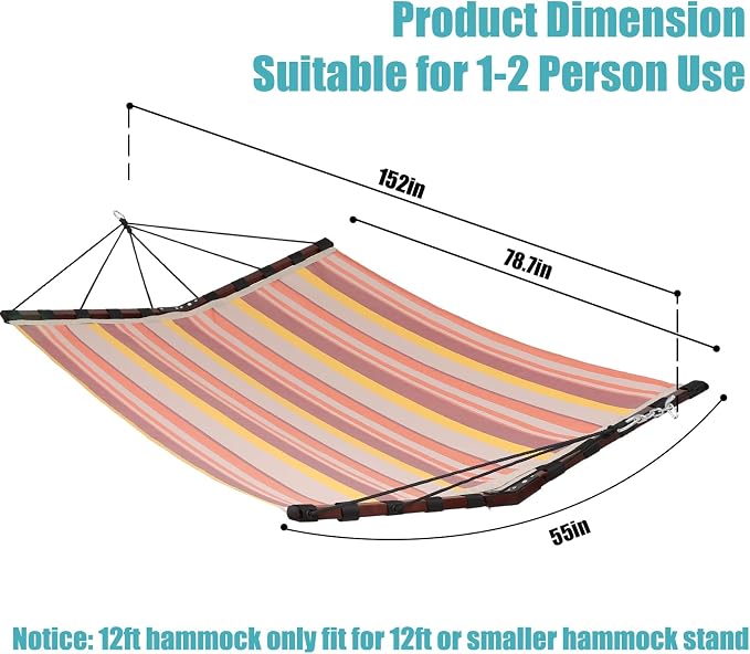 TegerDeger 12FT 2 Person Hammock Large Hammock Quick Dry 450LB Capacity with V Shaped Hardwood Spreader Bar & Nylon Rope for Outside, Patio, Garden, Backyard, Beach, Poolside - Coral Red Stripes - Image 6
