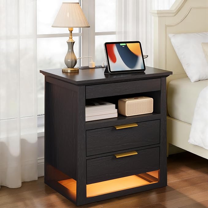 Rresyet 3 Drawer Nightstand with Charging Station & LED Lights & Open Shelf, Modern Night Stand with Storage, Wooden Bedside Table for Bedroom Room, Office (Black) by ReinventingtheGoodinLife