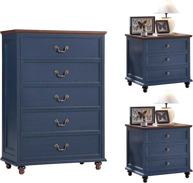 Joaxswe 24" Wide Farmhouse Nightstand Set of 2, 45" Tall Rustic Chests of 5 Drawers w/ 4 Solid Wood Feet, Farmhouse Furniture Series for Living Room,Bedroom,DarkBlue