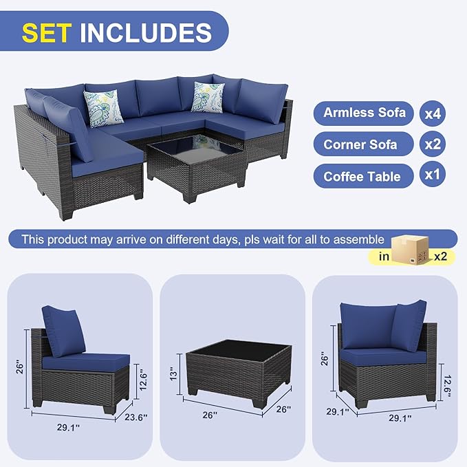 7 Pieces Patio Furniture Set, Outdoor Sectional Rattan Sofa Set, Wicker Patio Conversation Set with Cushions and Glass Coffee Table, for Balcony, Porch, Garden, (Brown/Blue)