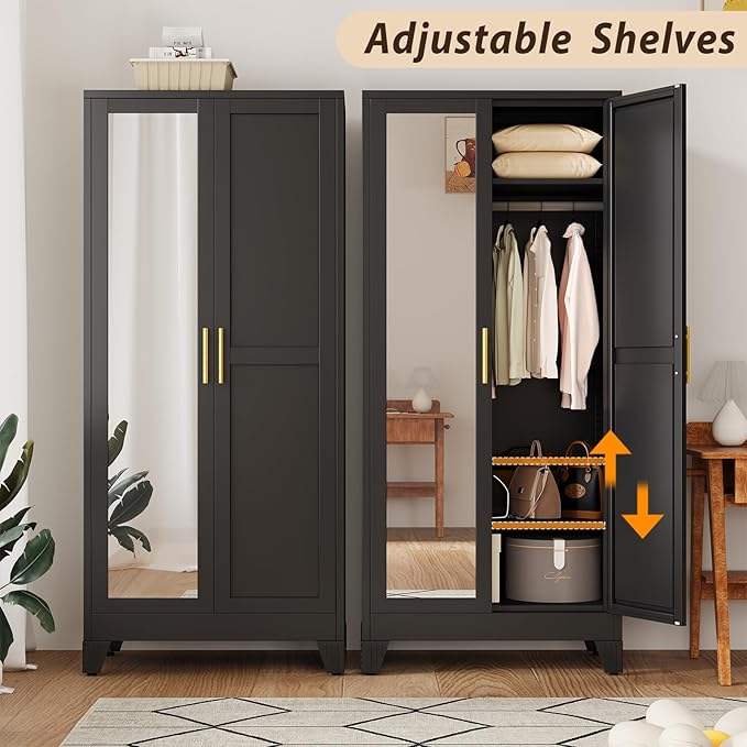 Metal Wardrobe Storage Cabinet with Mirror and Hanging Rod,71'' Metal Clothing Cabinet with 2 Doors and 2 Adjustable Shelves for Bedroom, Laundry Room, Cloak Room (Black)