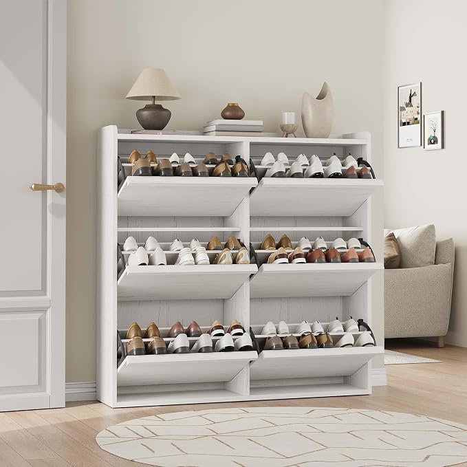 GarveeHome Shoe Cabinet with 6 Flip Drawers, Wooden Shoe Organizer Cabinet with Adjustable Shelf, Shoe Storage for Entryway, Hidden Shoe Cabinet for Hallway, Living Room, White - Image 3