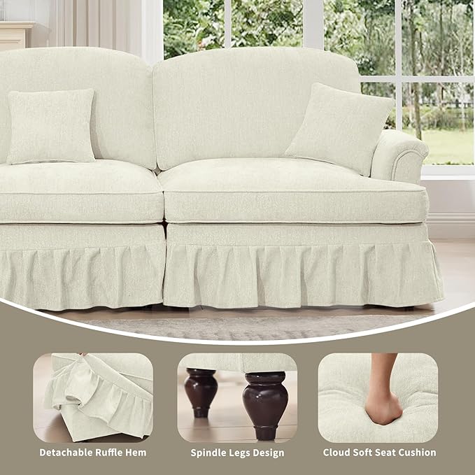 Rovibek 107” U Shaped Couch, Chenille Midcentury Modern Sofa with Detachable Ruffle Hem, Sectional Couches for Living Room with Throw Pillows & 2 Ottoman, White