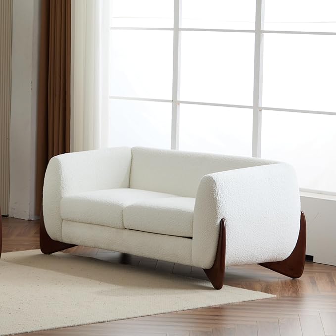 Merax 63 Inch Modern Boucle Upholstered 2-Seater Sofa, Chenille Fabric Loveseat with Solid Wood Legs, Low Profile Small Couch for Living Room, Beige