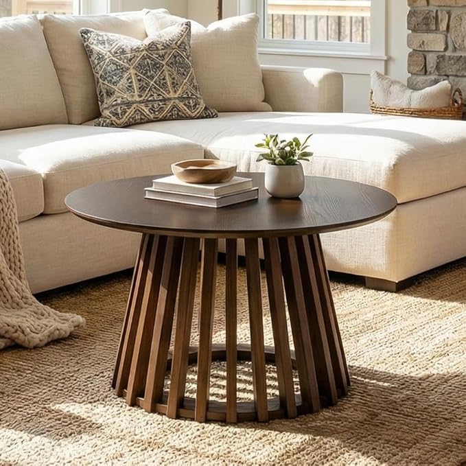 LukeAlon 24" Round Coffee Table, Mid Century Modern Wooden Center Table with Columnar Wood Strips Base Sofa Side Table Circle Tables for Living Room Small Space,Walnut Color