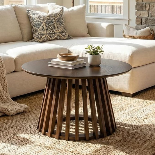 LukeAlon 24" Round Coffee Table, Mid Century Modern Wooden Center Table with Columnar Wood Strips Base Sofa Side Table Circle Tables for Living Room Small Space,Walnut Color