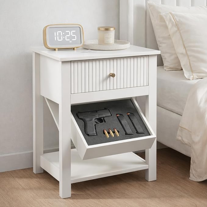 Night Stand with Gun Drawer, White Wood Bedside Table, Modern Farmhouse Side Table Bedroom Gun Safe with Hidden Compartment, Handgun Safe for Nightstands Simple Aesthetic End Table by Aylenic