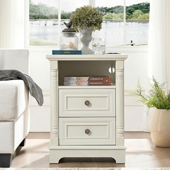 OKYCI 3PC Farmhouse Dresser and Nightstand Sets for Bedroom, Including 8 Drawer Dresser & 2 Drawer Night Stand Set of 2 with USB,Antique White