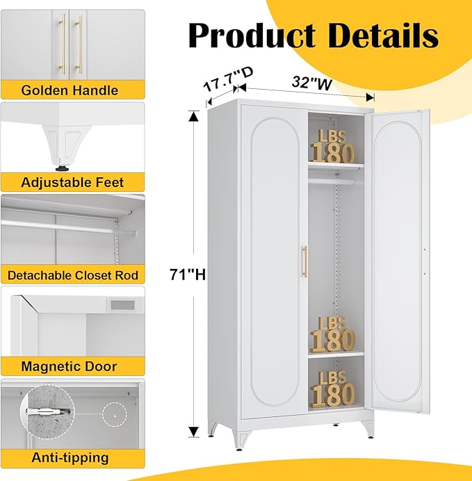 SteeLoong 71" Metal Armoire Wardrobe Closet with Doors，Tall Clothing Storage Cabinet with Adjustable Shelves and Hanging Rod,White Wardrobe Closet for Bedroom,Home,Office,Gym