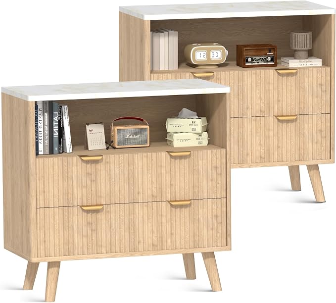 Fluted Nightstand Set of 2, Mid Century Modern Wood Bedside Table with 2 Big Drawers and Faux Marble Top, Natural Oak End Tables for Bedroom or Living Room, 31.5 x 15.8 x 31.5in by Unknown