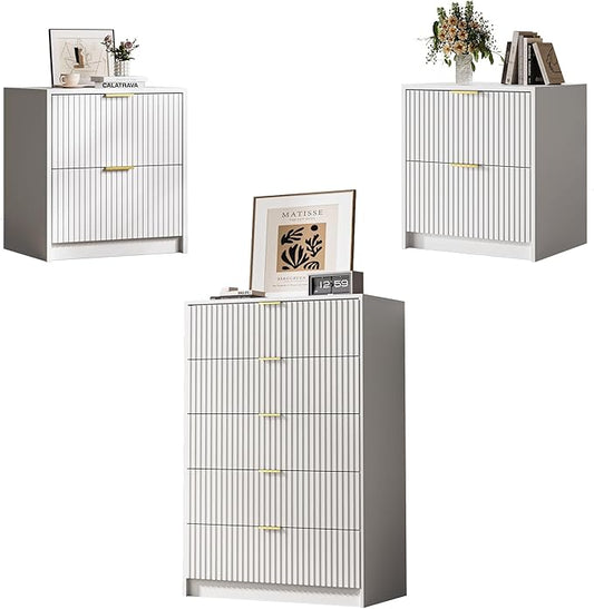 MAISONARIA 3-Piece Dresser Bedroom Set, 5 Drawer Dresser & 2 Drawer Nightstands with Gold Handles, Fluted Wood Chest of Drawers for Bedroom, Living Room, Entryway, White