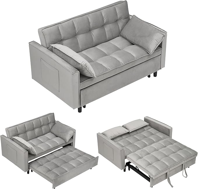 55" Modern Velvet Loveseat Sleeper Sofa, 3-in-1 Convertible Pull-Out Bed with Adjustable Backrest, 2 Pillows & Side Pockets, Small Pull Out Couch for Living Room, Apartment(Gray)